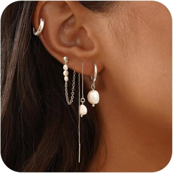 Dainty 14K Gold Plated 4 pearl chain set-SL Hoops Trendy Earring Set for Women - Picture 1 of 9